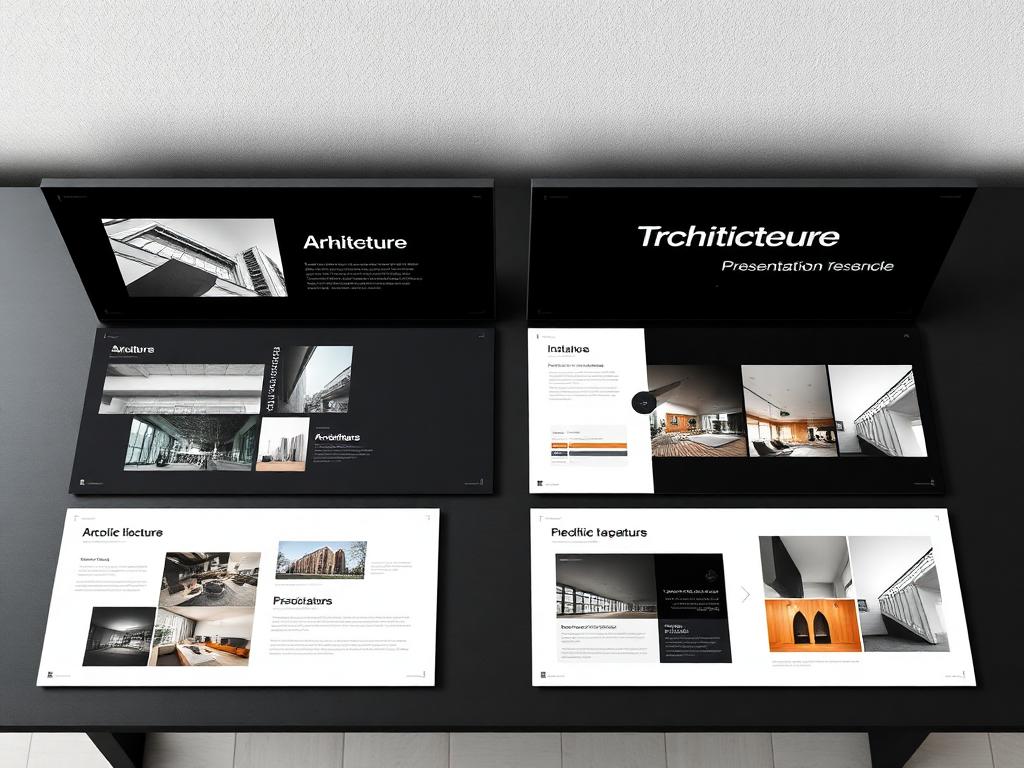 Architecture presentation slides on a dark table