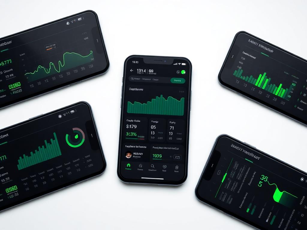 Dark finance mobile app screens with data charts