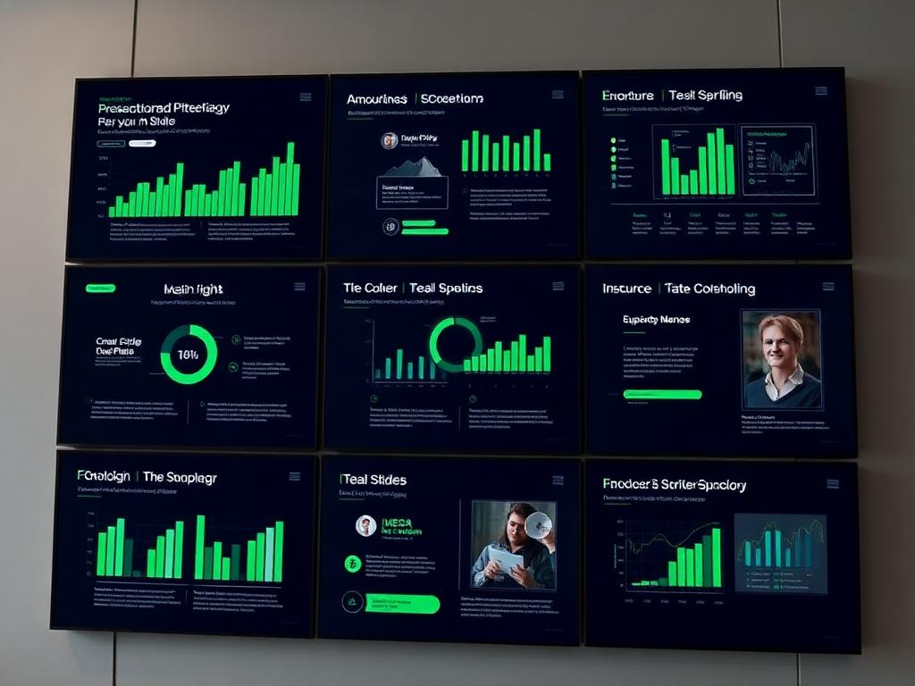 Pitch deck slides with charts on screens