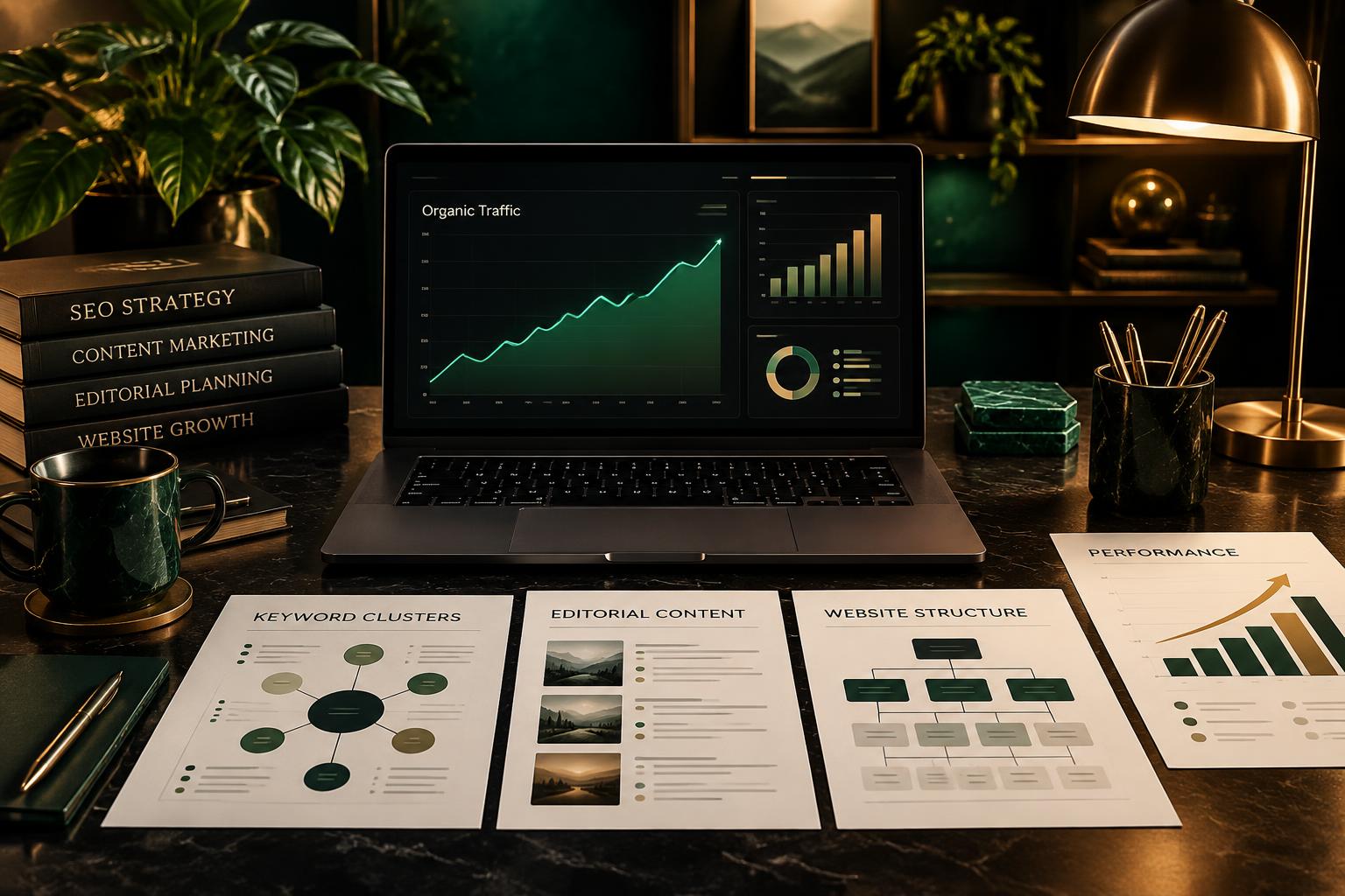 SEO, content planning, and organic traffic analytics workspace