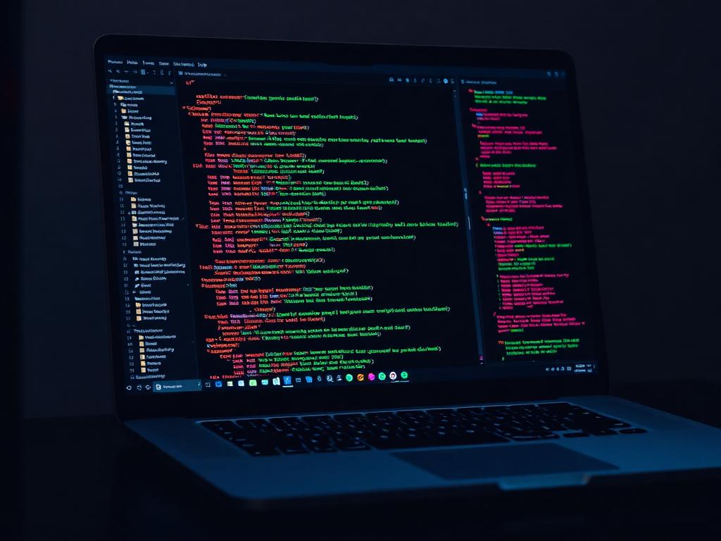 Code editor on a laptop in a dark workspace