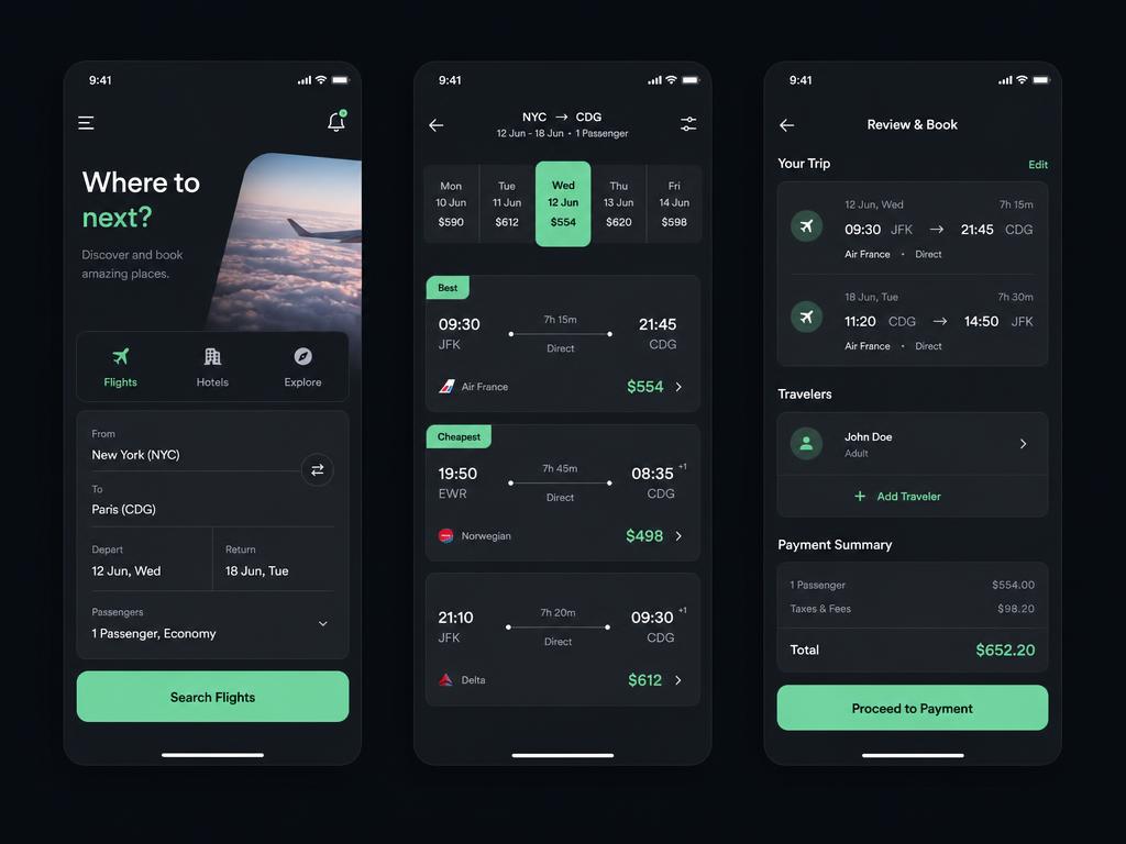 Voyagr mobile travel booking interface